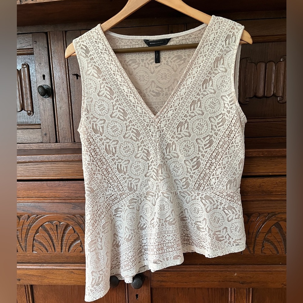 BCBG MAXAZRIA lace sleeveless lined tank shell peplum top Size L Large